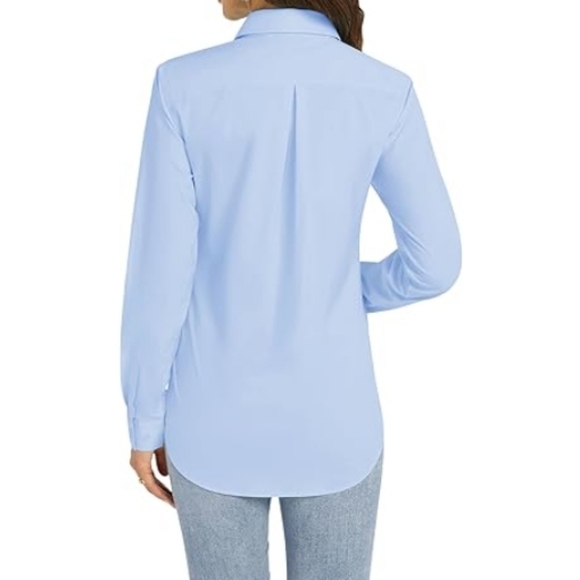 Button Down Long Sleeve Stretch Solid Work Shirt Light Blue - Picture 4 of 6